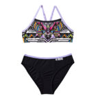 Kép 1/2 - Színes absztrakt mintás sportos bikini lila díszítéssel