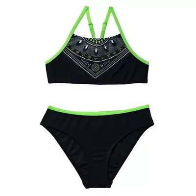 V alakban mandala mintás bikini fekete felsővel, kiwi zöld szegéllyel
