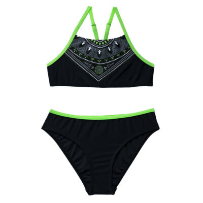 V alakban mandala mintás bikini fekete felsővel, kiwi zöld szegéllyel