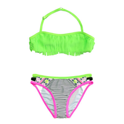 Neon zöld rojtos bikini - inka mintás, csíkos bugyival