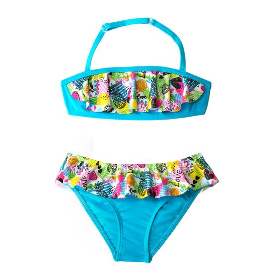 Türkizkék gyümölcsös mintás loknis bikini